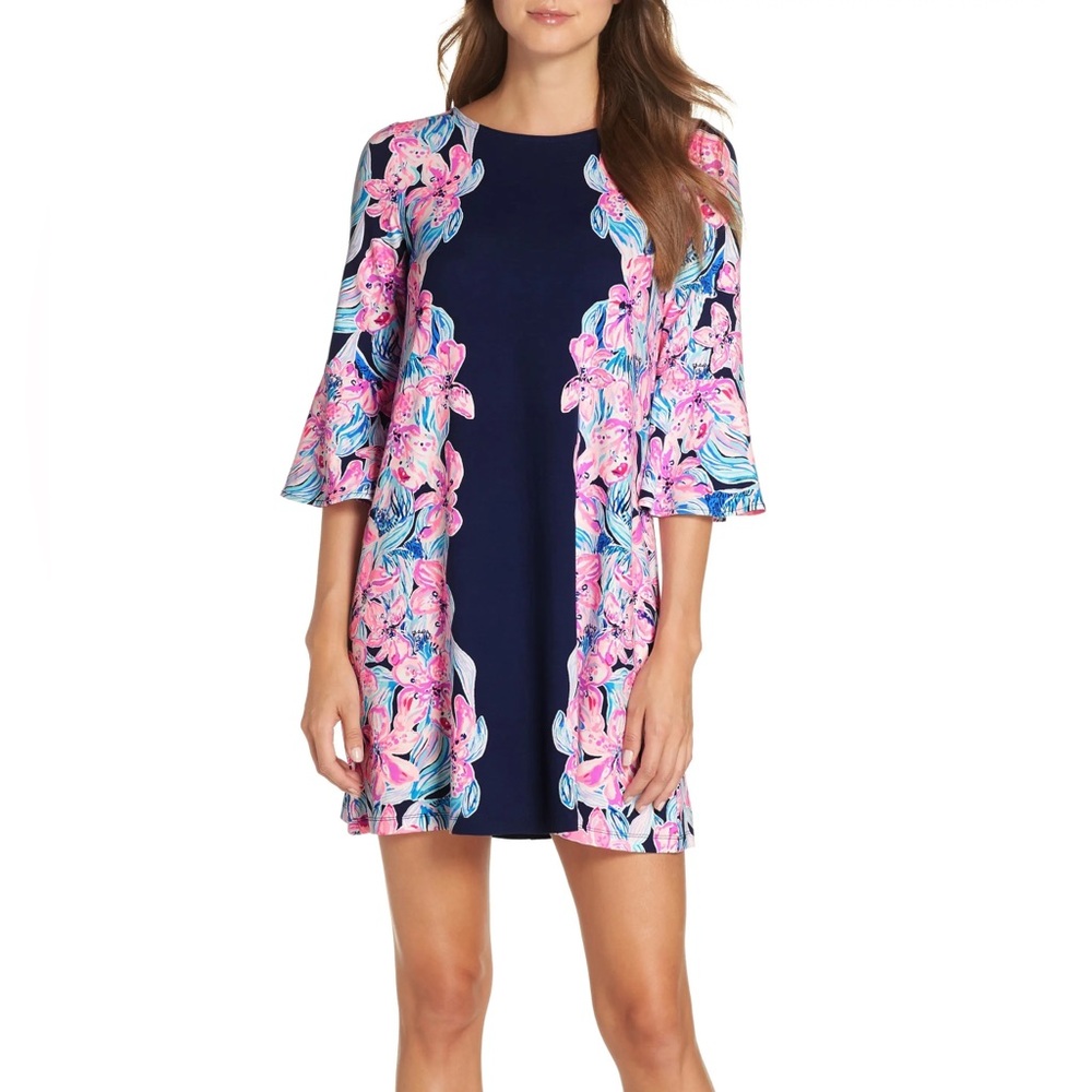 Lilly Pulitzer Orphelia Navy Blue Pink Bell Sleeve Dress in Hypes & Stripes - M